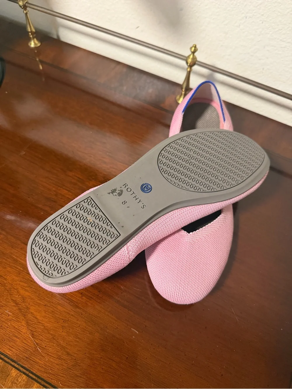Rothy's Light Pink Round Knit Flats with Blue Heel Trim Ballet 🩰